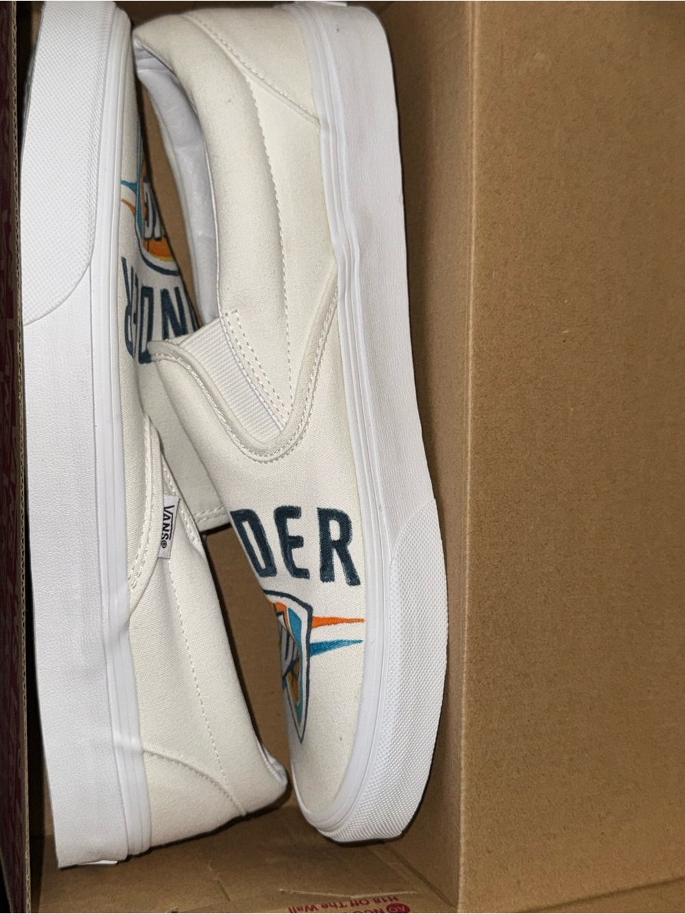 Custom (NEVER WORN) OKC Thunder Vans White Canvas Slip-On Sneakers
